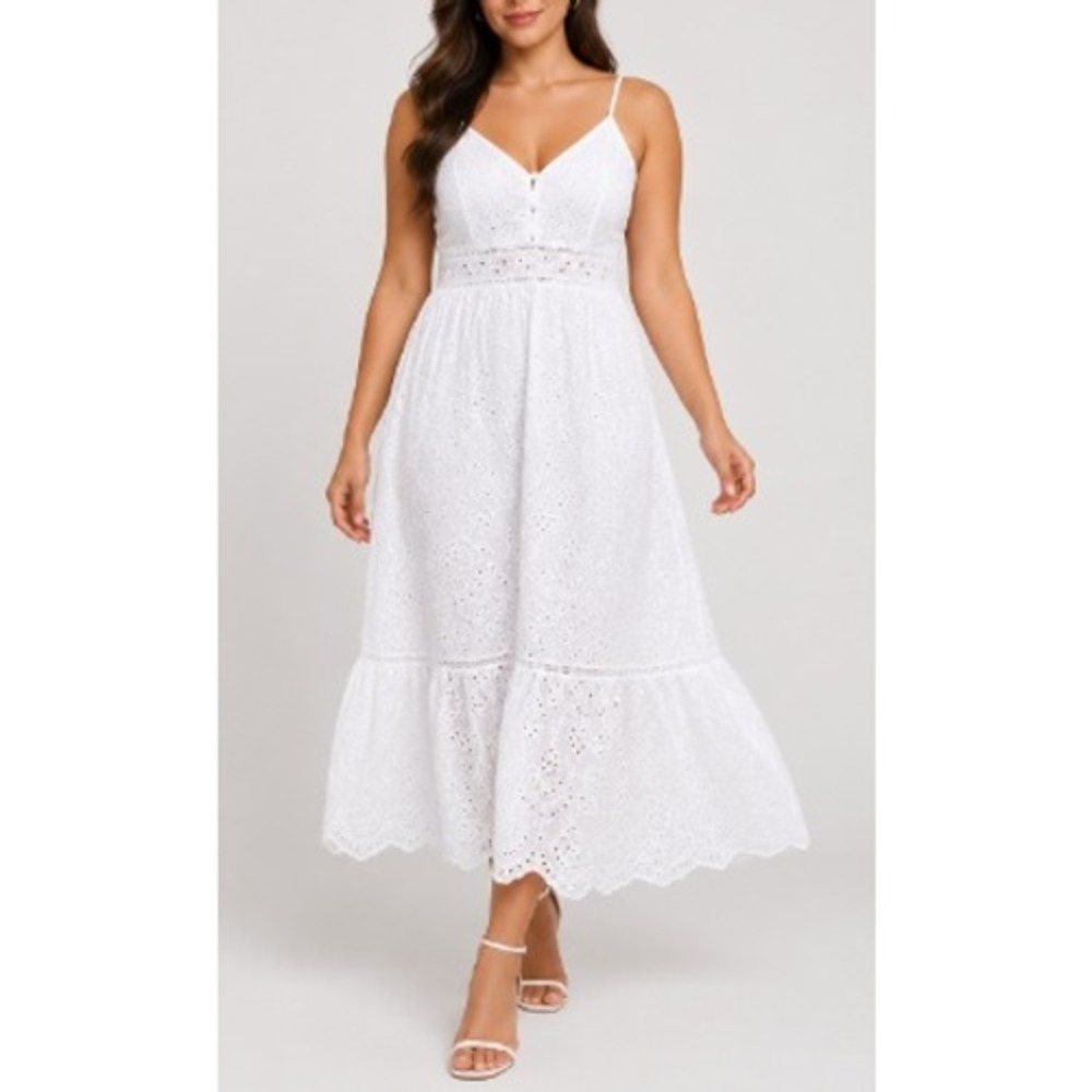 White V-Neck Smocked Back Tiered Scallop Hem Eyelet Lace Midi Dress Size XL